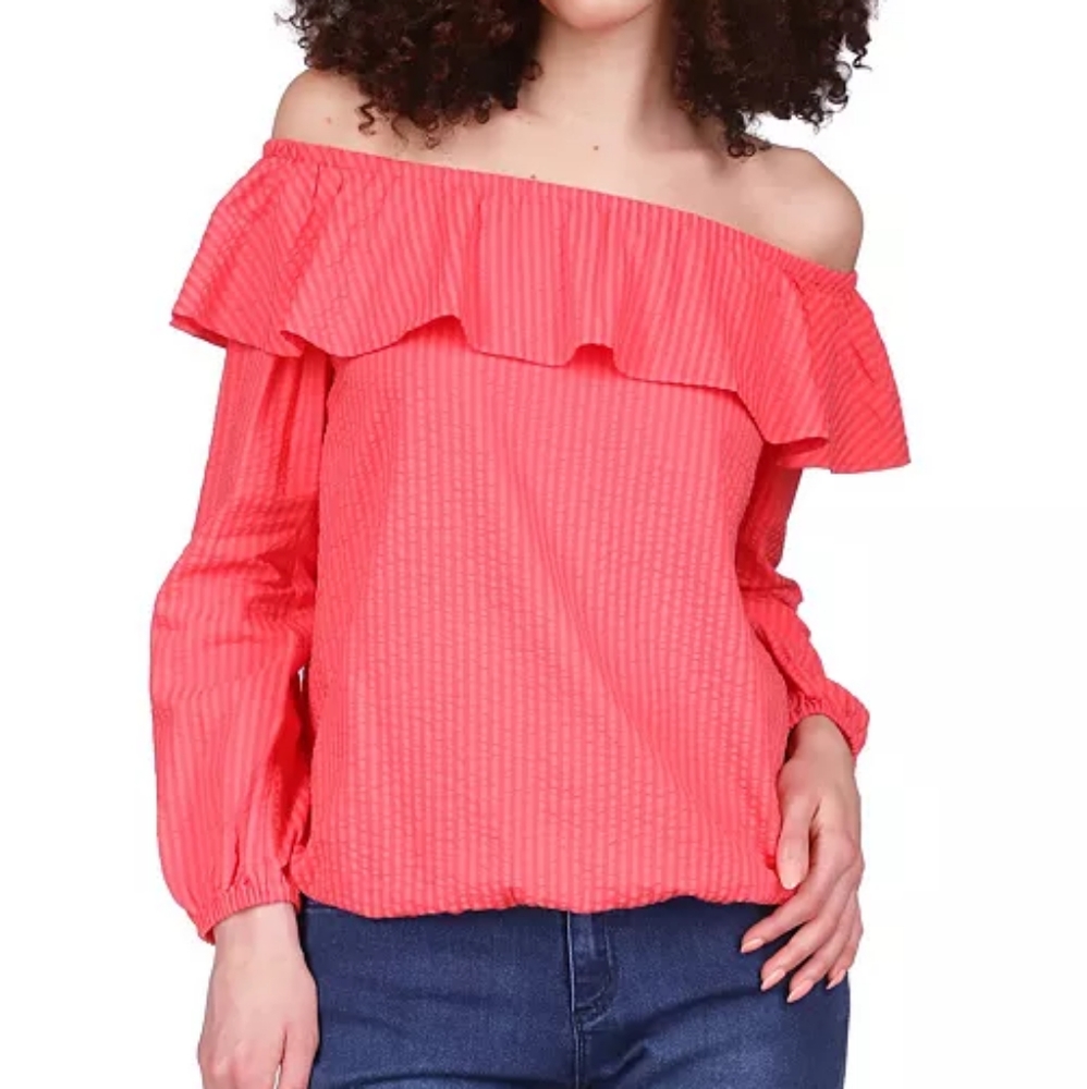 NWT MICHAEL KORS SEERSUCKER OFF THE SHOULDER TOP MEDIUM